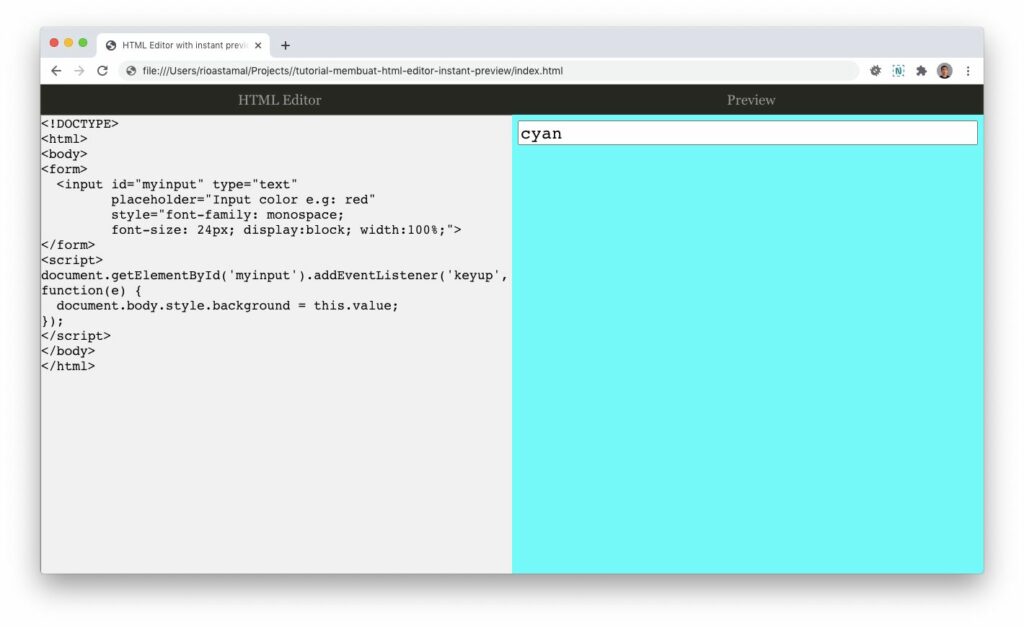 Kode HTML dan Javascript otomatis langsung dapat dipreview
