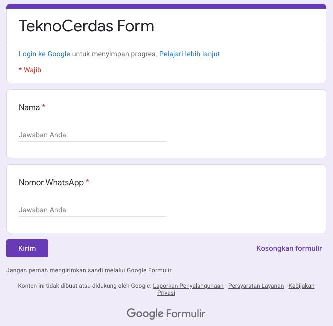 Contoh Form untuk Integrasi WhatsApp Google Form